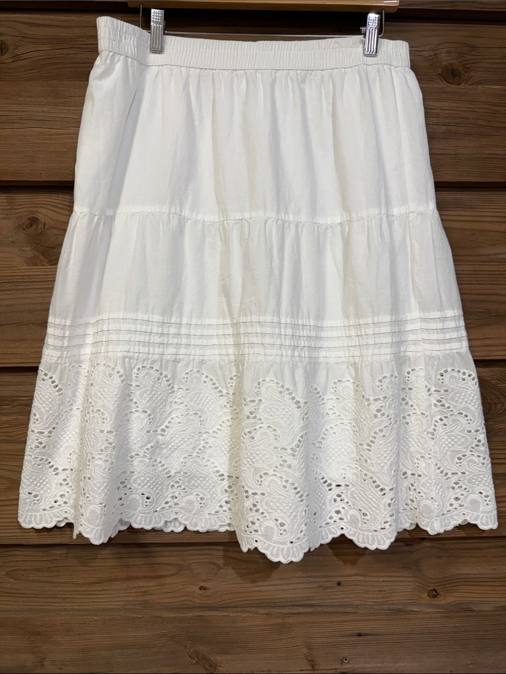 Studio West White Eyelet Tiered Midi Skirt with Scalloped Hem